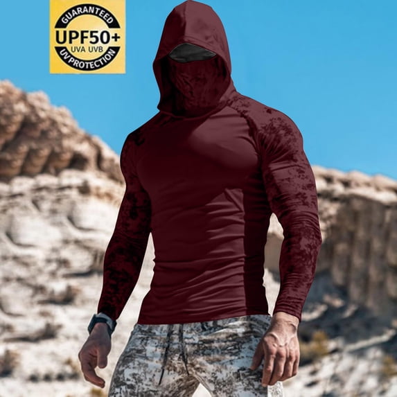 Men's UPF Sun Protection Hoodie Lightweight Breathable Long Sleeve Fishing Shirt Quick Dry UV Hiking Top with Mask Outdoor Summer Sport Pullover