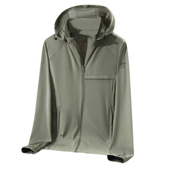 Men's UPF50  Ice Silk Sun Protection Rash Guard Shirt - Hooded Breathable Fishing Top with Thumb Holes and Zipper Pockets