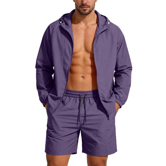 Men's UPF50+ Sun Protection Hoodies and Shorts Tracksuit Casual 2 Piece Windbreaker Lightweight Outdoor Jackets Sets