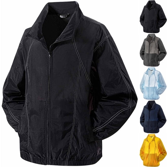 Men's UPF50+ Sun Protection Windbreaker Athletic Shell Jacket Stand Collar Lightweight Color Block Coat for Hiking Running Travel Fall, Black, S