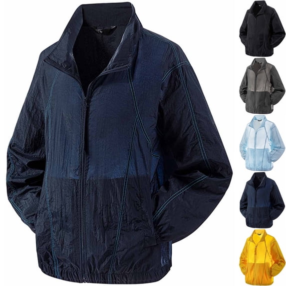 Men's UPF50+ Sun Protection Windbreaker Athletic Shell Jacket Stand Collar Lightweight Color Block Coat for Hiking Running Travel Fall, Navy, M
