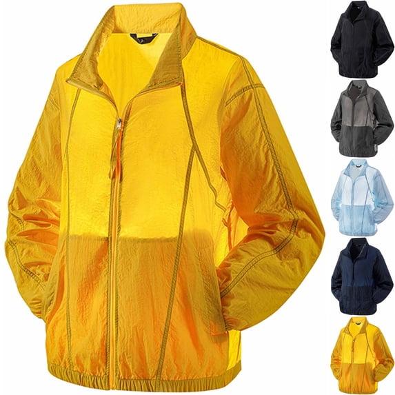 Men's UPF50+ Sun Protection Windbreaker Athletic Shell Jacket Stand Collar Lightweight Color Block Coat for Hiking Running Travel Fall, Yellow, L