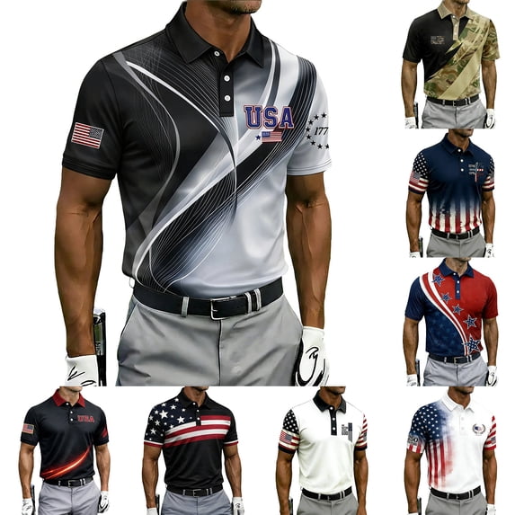 Men's US 250th Anniversary 3D Print Polo Shirt with Dynamic Graphic Design and Flag Motif Featuring Short Sleeve Turn-Down Collar Beige L