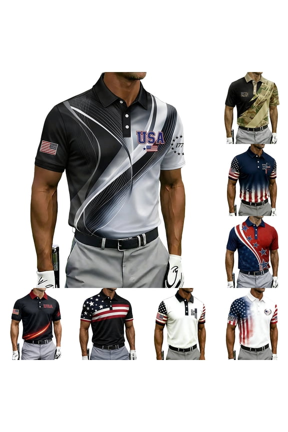 Men's US 250th Anniversary 3D Print Polo Shirt with Dynamic Graphic Design and Flag Motif Featuring Short Sleeve Turn-Down Collar Black S