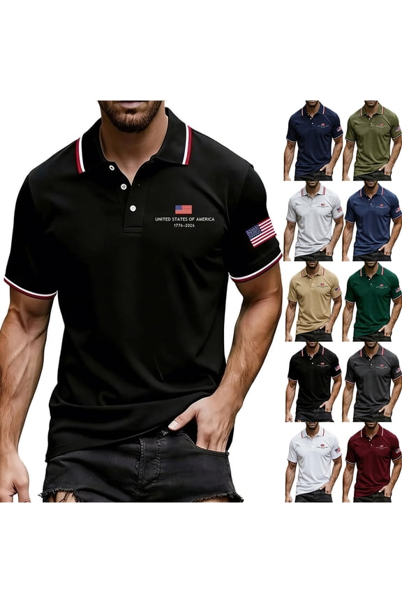Men's US 250th Anniversary Polo Shirt with 1776-2026 Print and Contrast Tipping Collar Featuring Short Sleeve Design for Independence Day Patriotic Celebrations Army Green L