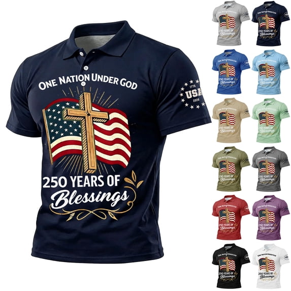 Men's US 250th Anniversary Polo Shirt with One Nation Under God and Cross Flag Print Featuring Classic Collar and Short Sleeves Khaki XL