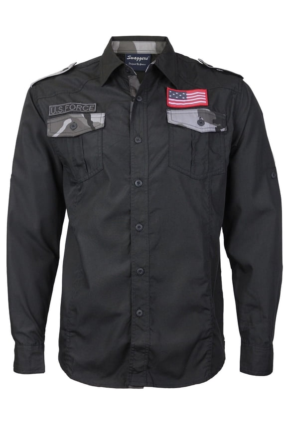 Men's US Military American Long Sleeve Button Up Camo Casual Dress Shirt (Black,2XL)