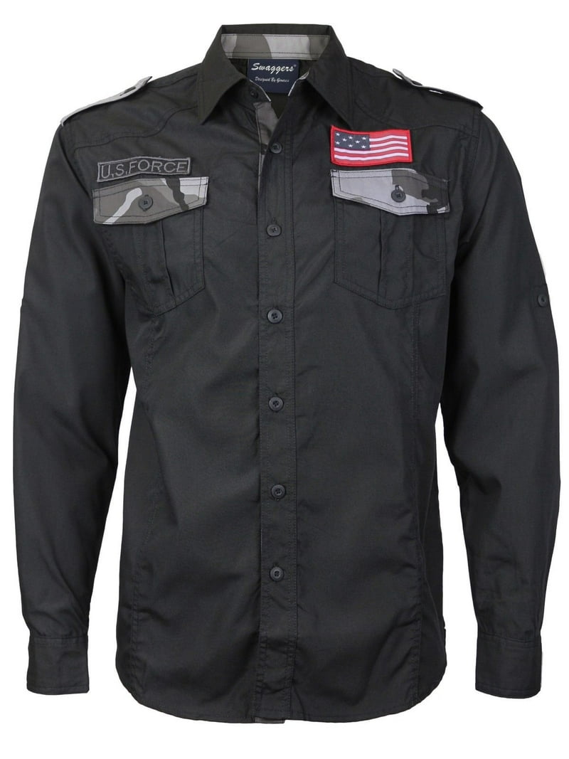 black military dress shirt Men's US Military American Long Sleeve Button Up Camo Casual Dress Shirt - Black - Cotton Blend