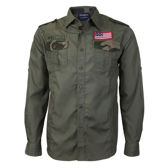 Men's US Military American Long Sleeve Button Up Camo Casual Dress Shirt (Olive,XL)