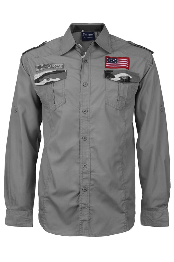 Men's US Military American Long Sleeve Button Up Camo Casual Dress Shirt (Solid Grey, 2XL)