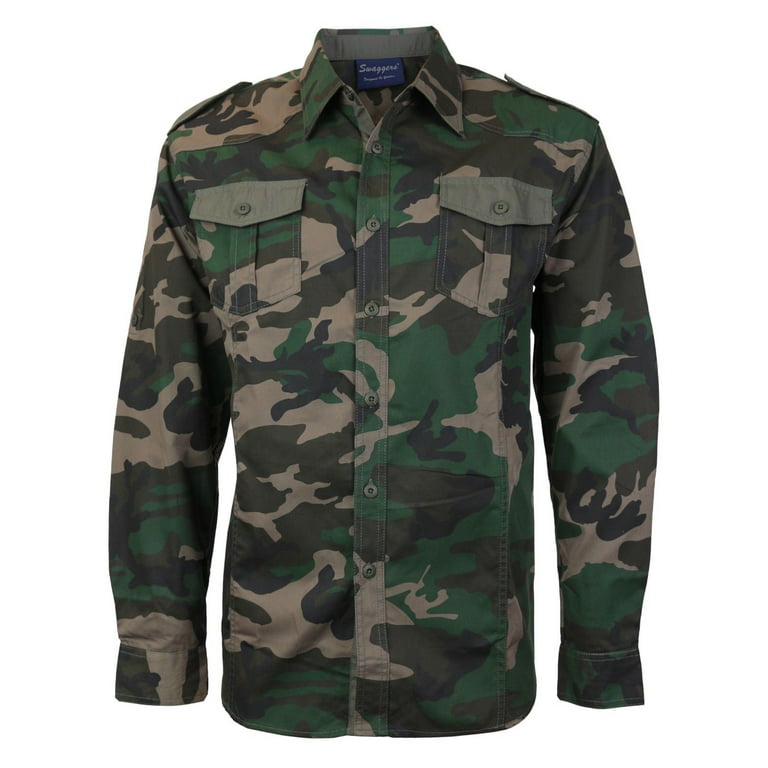 Men's US Military American Long Sleeve Button Up Camo Casual Dress Shirt  (Woodland Camo,3XL)