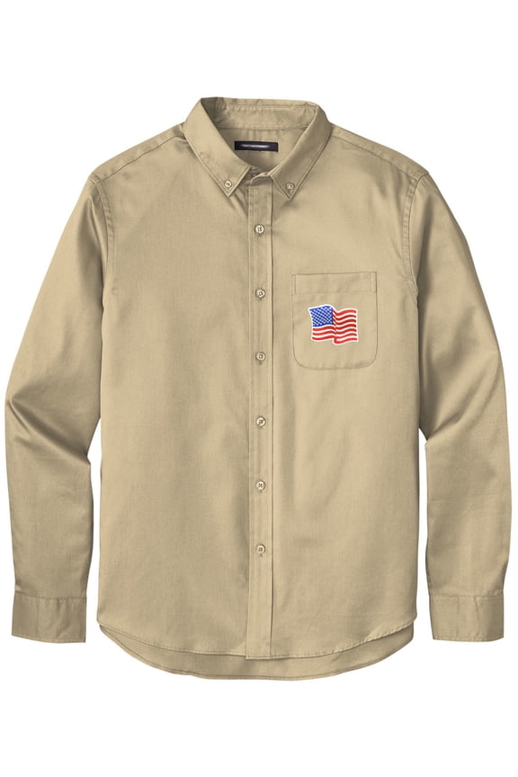 Men's US WAVING FLAG PATCH Twill Shirt with Pocket, Large Wheat
