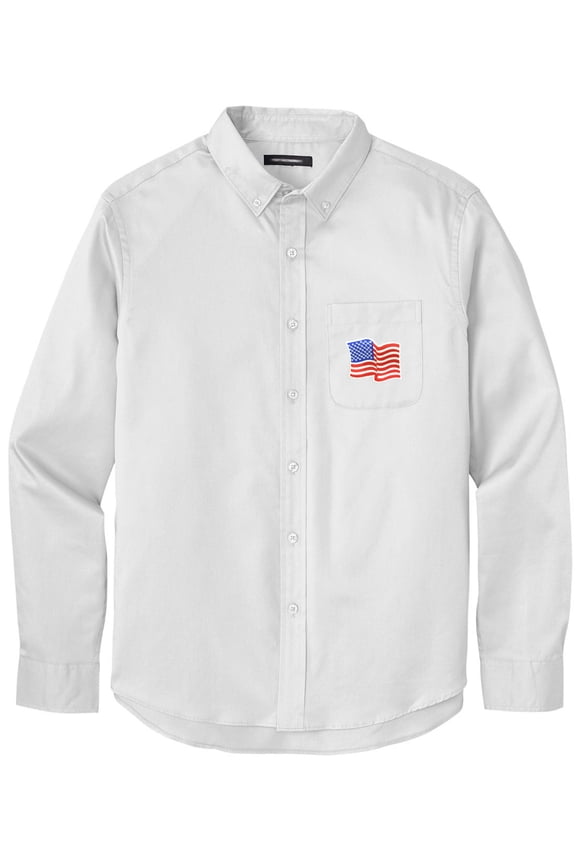 Men's US WAVING FLAG PATCH Twill Shirt with Pocket, Large White