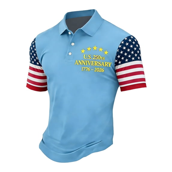 Men's USA 250th Anniversary Polo Sweatshirt American Falg Waffle Polo Shirts United States 250th Anniversary Casual Golf Shirt Short Sleeved Button Down Patriotic Polo Shirt,Blue S