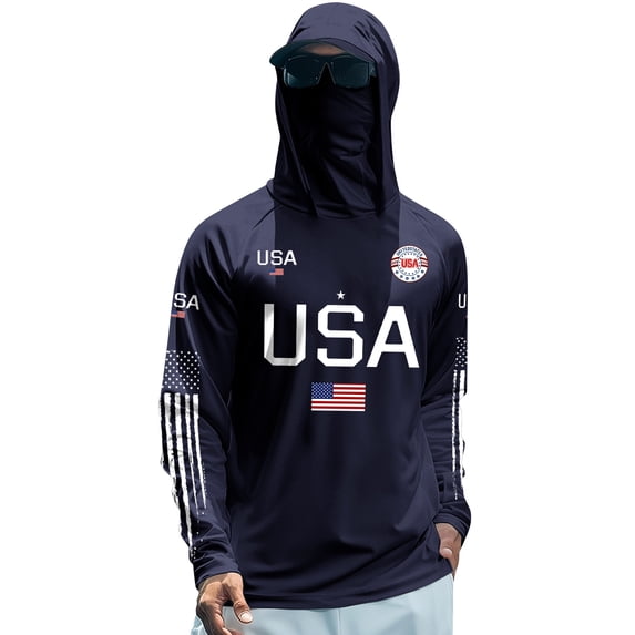 Men's USA 250th Anniversary Rash Guard Shirt UPF 50+ Sun Protection Hoodie with Mask Lightweight Fishing Hiking Running Long Sleeve Shirts