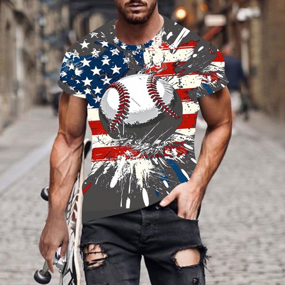 Men's USA 4Th Of July Shirts Fashion American Flag Printed Blouse Loose Casual Round Neck Short Sleeve T-Shirts Dark Gray L