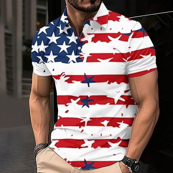 Men's USA 4Th Of July Shirts Independence Day Flag Button Up T-Shirt Casual Short Sleeved Lapel Top Multicolor XXL