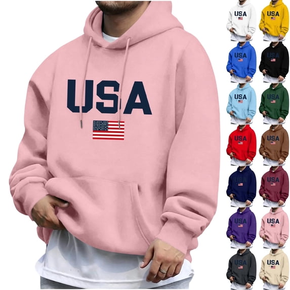 Men's USA American Flag Print Hoodie, Drawstring Kangaroo Pocket Long Sleeve Pullover Sweatshirt, Loose Soft Cotton Casual Hooded Top, Fall Winter Patriotic Daily Lounge Workout Hoodies for Men