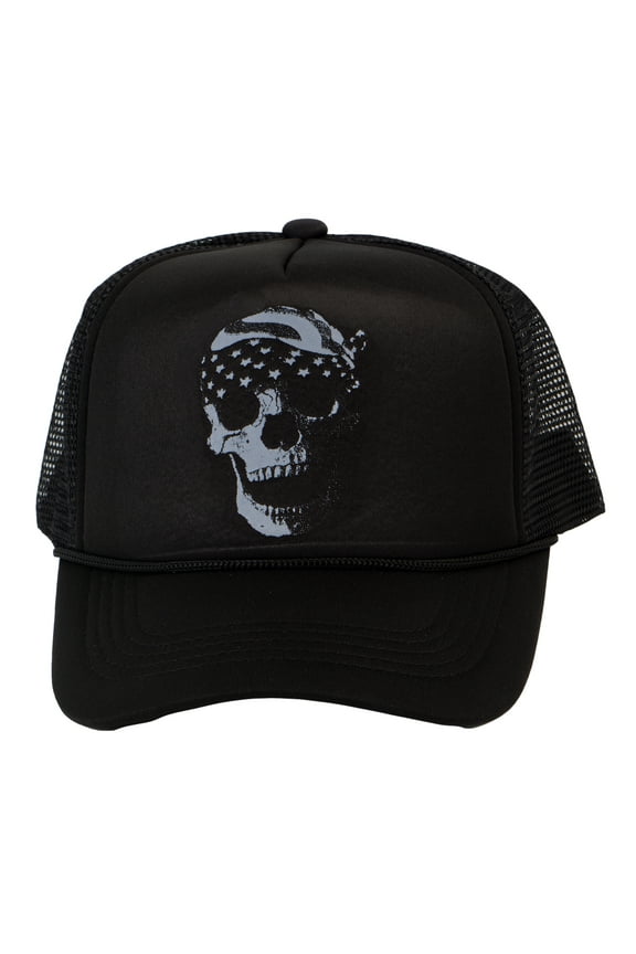 Men's USA Bandana Skull Skeleton Trucker Hat, Black