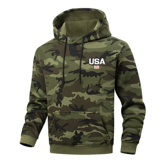 Men's USA Camouflage Hoodie - Letter Embroidery High-weight Trendy Sporty Casual Hooded Sweatshirt, Army Green, M