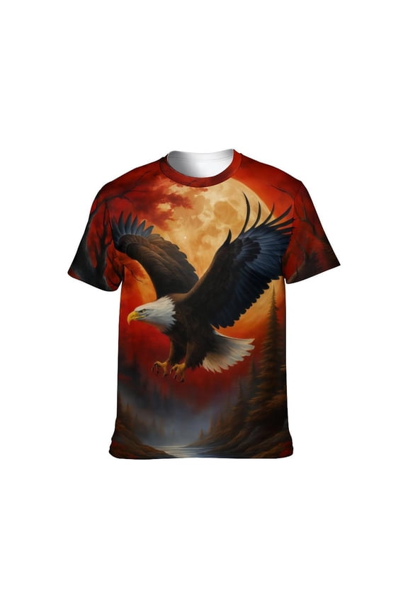 Men’s USA Flag Bald Eagle Graphic T-Shirt, All-Over Print Style, Stretch Polyester Spandex Tee, Short Sleeve Crewneck, S-4XL