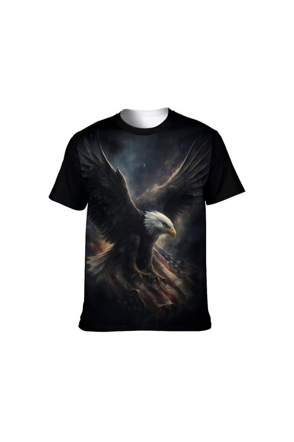 Men’s USA Flag Bald Eagle Graphic T-Shirt, All-Over Print Style, Stretch Polyester Spandex Tee, Short Sleeve Crewneck, S-4XL