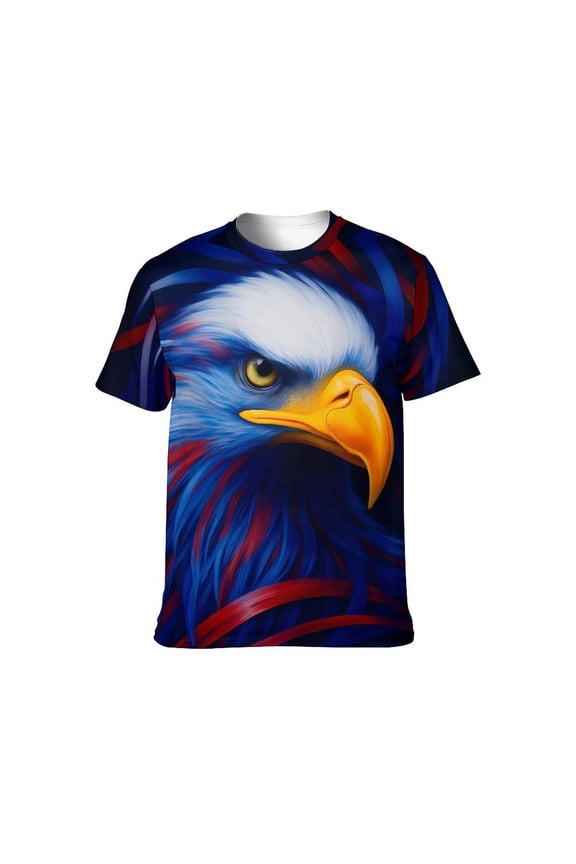 Men’s USA Flag Bald Eagle Graphic T-Shirt, All-Over Print Style, Stretch Polyester Spandex Tee, Short Sleeve Crewneck, S-4XL