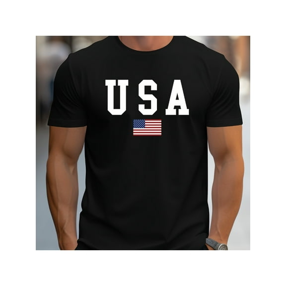 Men's USA Flag Graphic T-Shirt - Black Short Sleeve Crew Neck, Comfortable Cotton Casual Summer Tee for Casual Attire, Casual Summer Wear | American Flag Apparel | Allseason Wear