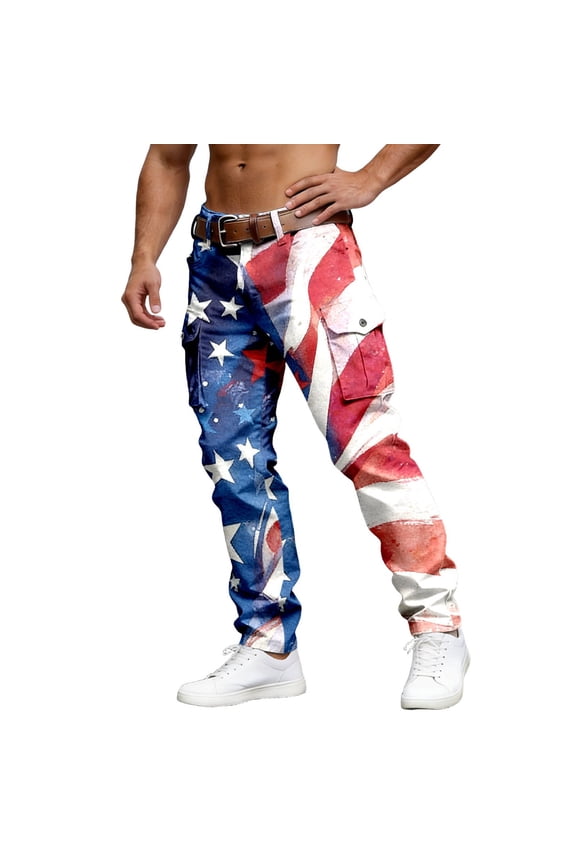 Men's USA Flag Patriotic Print Cargo Pants – Slim Fit Tactical Trousers with Multiple Pockets for Independence Day & Outdoor Daily Wear,S-5XL