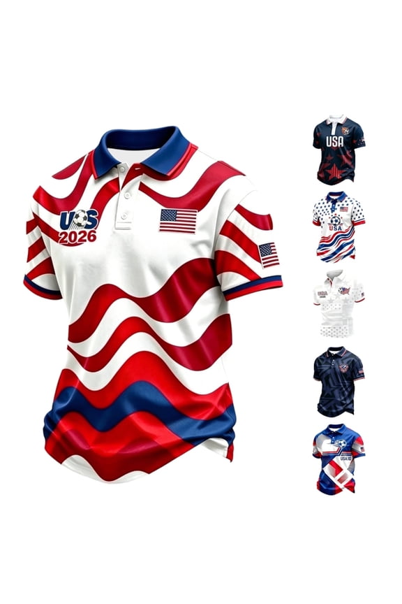 Men's USA Flag Polo Shirt Short Sleeve Button Down Collar White Graphic Tee for Soccer Football Fans Casual Wear