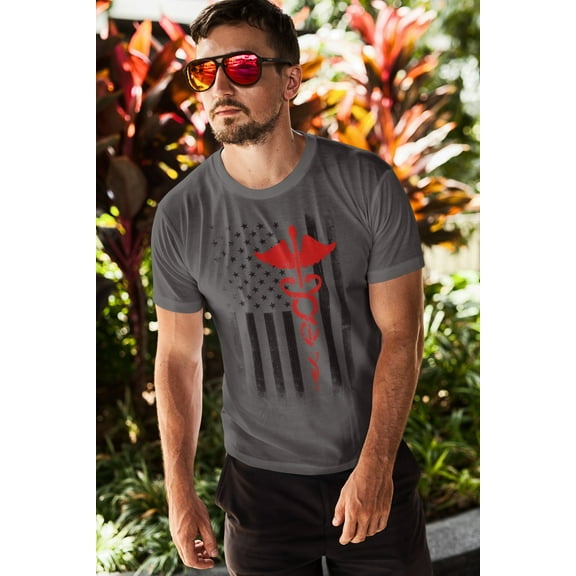 Men's USA Flag Red Premium Ringspun Tee EMT Nurses Lives Matter Charcoal, 3XL