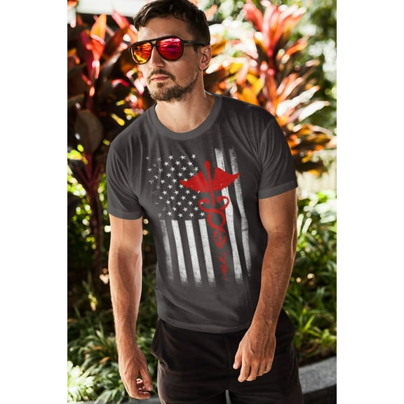 Men's USA Flag Red Premium Ringspun Tee EMT Nurses Lives Matter Dark Heather, X-Large