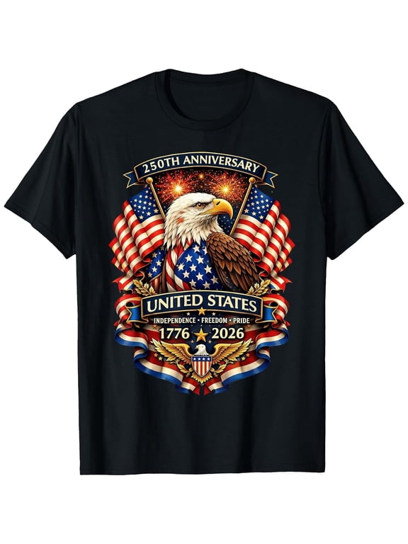 Men's USA Independence 250th Anniversary 1776 2026 4th of July T-Shirt, Comfortable Breathable Soft Tee, Men's 100% Cotton Graphic T-Shirt 180gsm