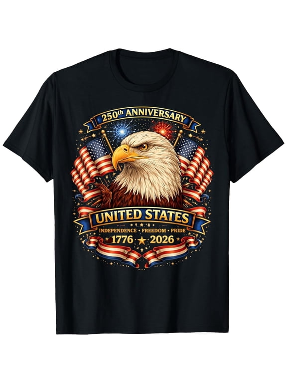 Men's USA Independence 250th Anniversary 1776 2026 Patriotic Eagle T-Shirt, Comfortable Breathable Soft Tee, Men's 100% Cotton Graphic T-Shirt 180gsm