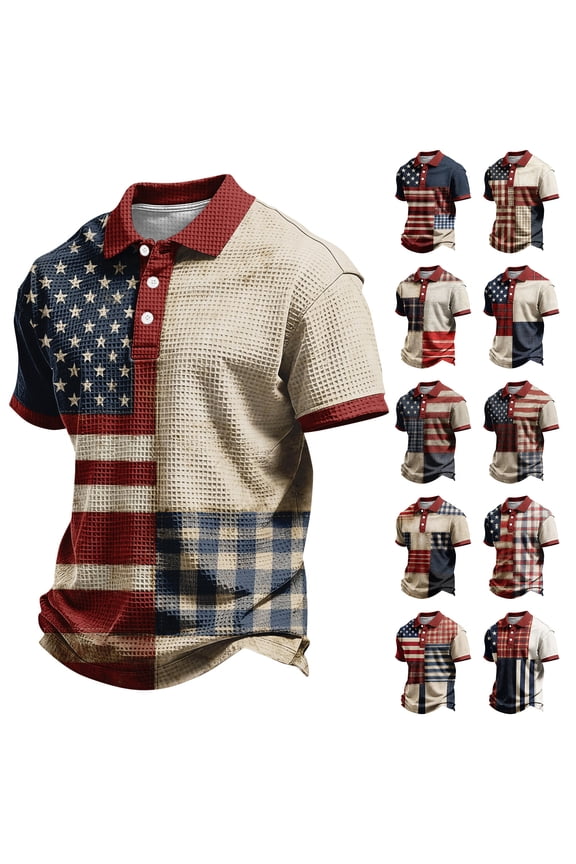 Men's USA Patriotic Polo Shirt American Flag 4Th of July Golf Shirts for Men with Waffle Knit Texture and Red Collar Sky Blue M