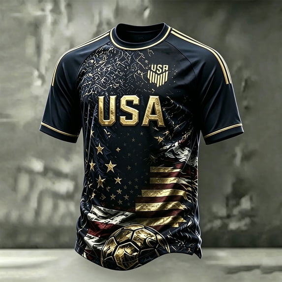 Men's USA Soccer Jersey Shirts 2026 Sumemr Short Sleeve Crewneck Fan International Football Shirt Retro Streetwear Top, Black XL
