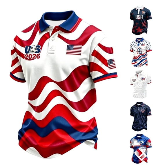Men's USA Soccer Polo Shirt 2026 Football Match Fan Jersey - Red White Blue Printed Short Sleeve Athletic Top for Match Day Casual Wear