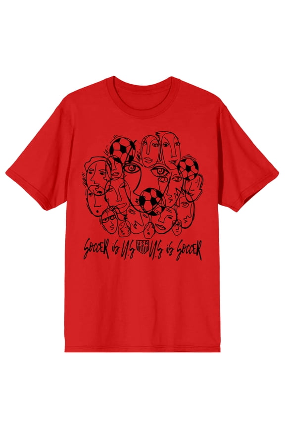 USSF USA Logo Line Art of Faces & Soccer Balls on Red Short Sleeve Adult T-Shirt-3XL