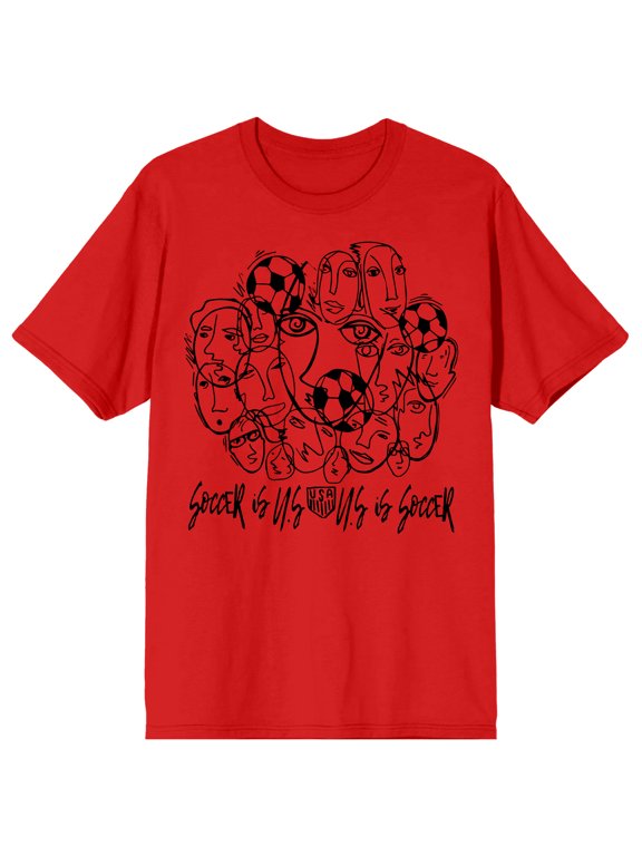 USSF USA Logo Line Art of Faces & Soccer Balls on Red Short Sleeve Adult T-Shirt-Large