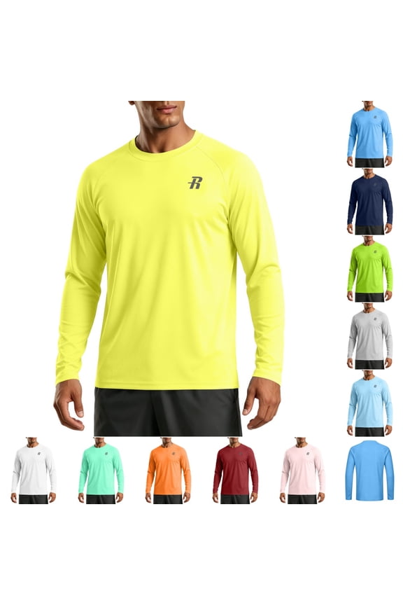 Men’s UV Protection Long Sleeve Performance Shirt, Breathable Quick Dry Rash Guard with Logo for Beach, Pool and Fishing Trips Yellow 2XL