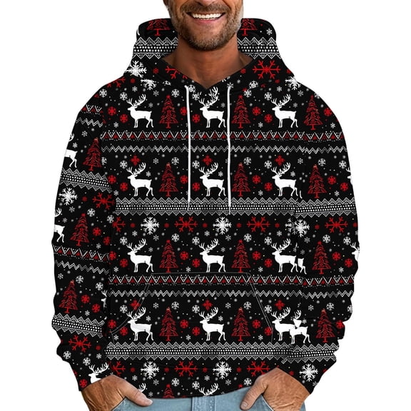 Men's Ugly Christmas Hoodie with Funny 3D Animal Print Fleece Lined Long Sleeve Pullover Sweatshirt with Pocket Novelty Holiday Pullover Top