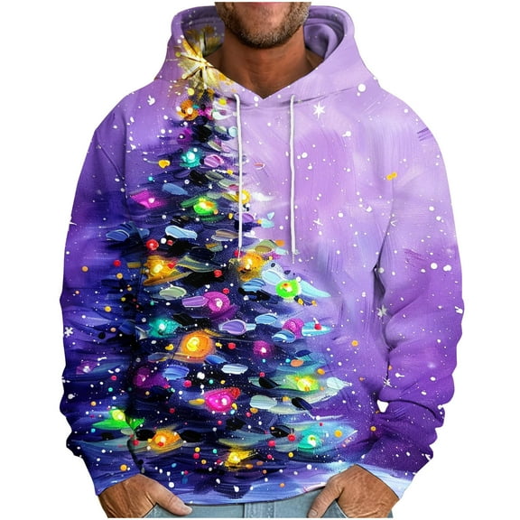 Men's Christmas Hooded Sweatshirt 2025 Winter Long Sleeve Pullover with Xmas Tree or Elk Print Festive Holiday Hoodie for Casual Wear and Family Gatherings