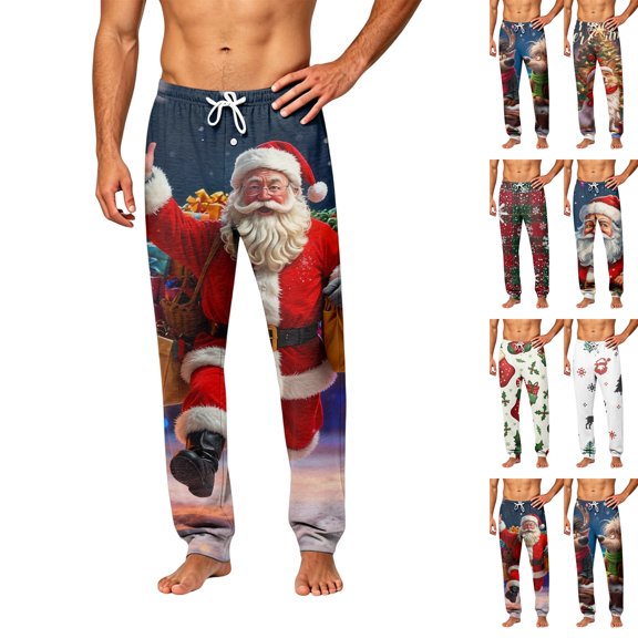 Christmas Men's Festive Print Pajama Pants Daily Big and Tall Bottoms Sit At Waist Skin-Friendly Retro Sleepwear for Xmas Theme Celebration