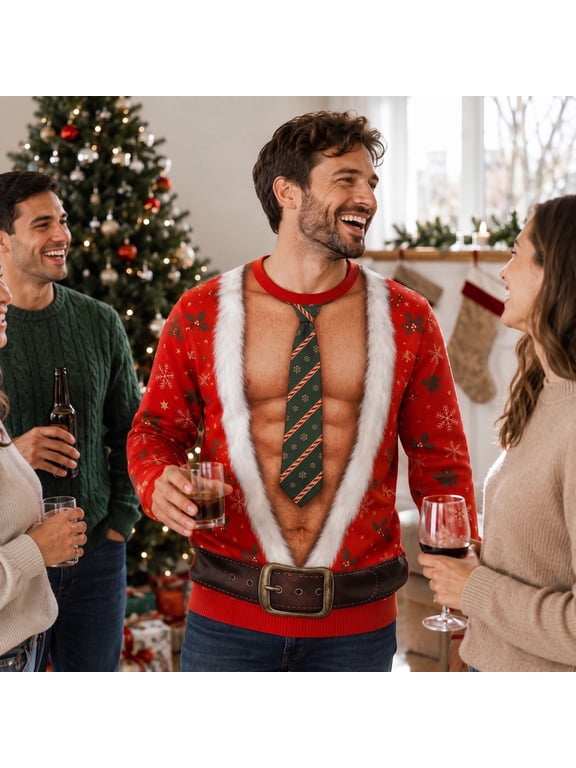 Men's Ugly Christmas Sweatshirt, Funny 3D Graphic Crew Neck Long Sleeve Holiday Sweater Pullover for Christmas Party Outfit