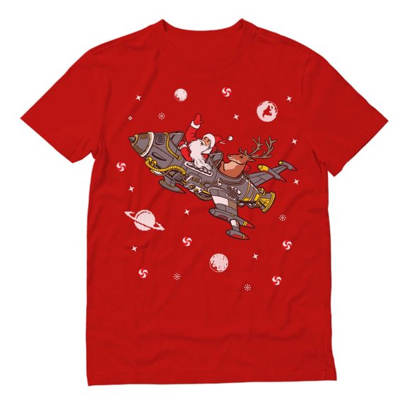 Men's Ugly Christmas T-Shirt - Funny Santa & Reindeer Space Rocket Design, Holiday Humor Xmas Party Gift for Him