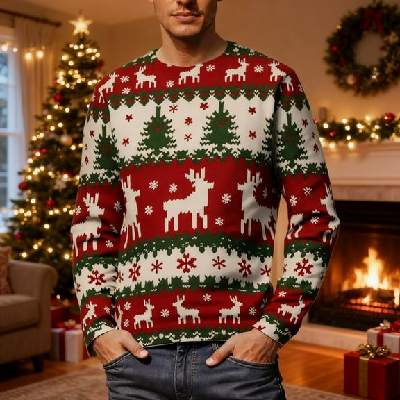 Men's Sweatshirt Christmas Printed Pullover Sweater for Men (Red XL)