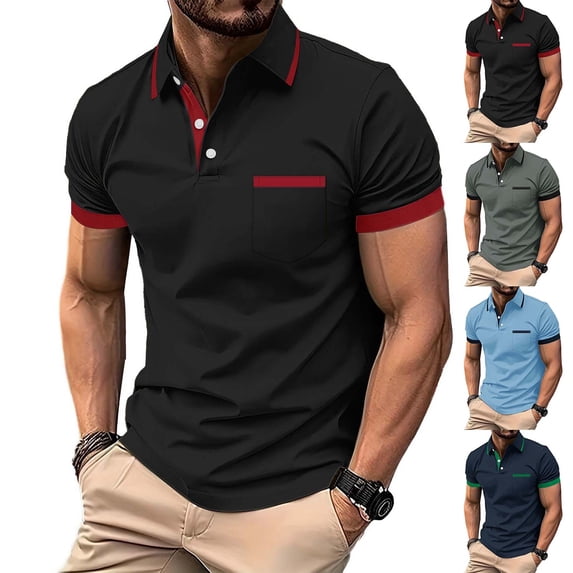 Men's Ultra-Soft T-Shirt Oversized Tshirts for Men Men's Colorblocked Pocket Short Sleeve Button-Up Turndown Collar Pullover Casual Fashion Top Dark Blue Xxxxxl