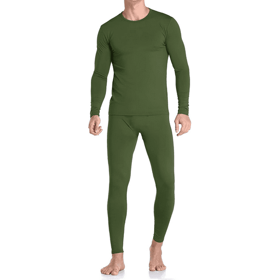 Men’s Ultra-Soft Tagless Fleece Lined Thermal Top & Bottom Underwear Set, Army Green, Large