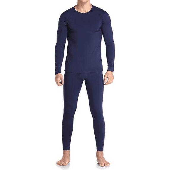 Men’s Ultra-Soft Tagless Fleece Lined Thermal Top & Bottom Underwear Set, Navy Blue, 2XL