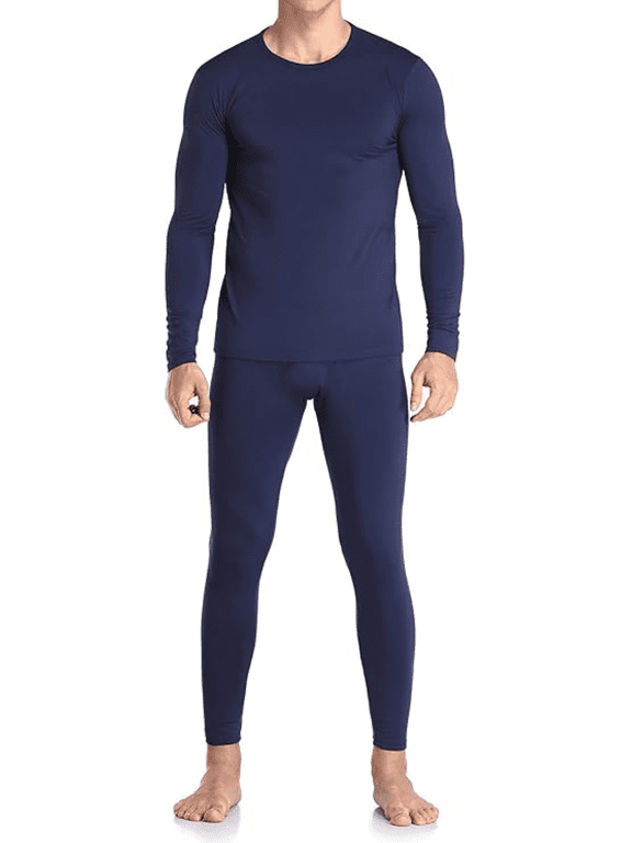 Men’s Ultra-Soft Tagless Fleece Lined Thermal Top & Bottom Underwear Set, Navy Blue, XL